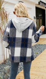 Rear view of long sleeve hooded plaid shacket with blue and grey checkered pattern