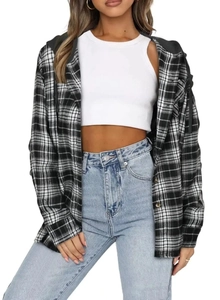 Close-up of black and white plaid hooded shirt with button-front and grey drawstring hood