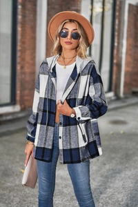 Close-up of blue and grey plaid hooded flannel jacket with drawstring and buttons