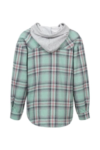 Back view of a green and pink plaid shirt jacket with a grey hood and drop shoulder