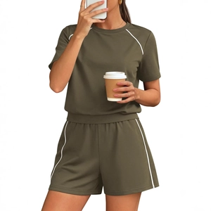 Women's summer two-piece lounge set with crew neck t-shirt and shorts in olive green