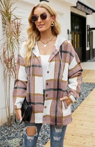 Close-up of pink plaid hooded jacket with drawstring detail and dark buttons texture