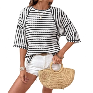 Women's summer black and white striped crew neck T-shirt with stylish drop shoulder sleeves
