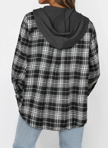 Back view of a casual hooded shirt jacket with black and white plaid pattern