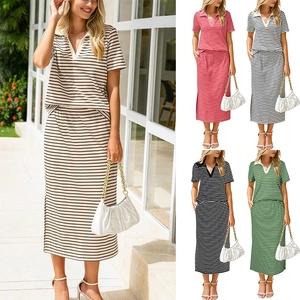 Women Casual Striped Top And Midi Skirt Outfit Polo V Neck Short Sleeve Shirt Matching Apparel For Daily Holiday Wear