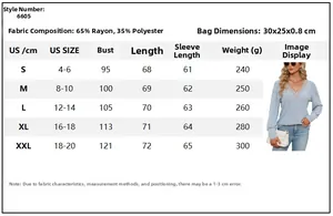 Tableau des tailles détaillé pour t-shirt à manches longues col V avec spécifications