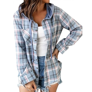 Women's casual blue plaid hooded flannel shacket with buttons and adjustable drawstring
