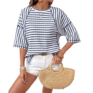 Women's summer crewneck T-shirt with blue and white stripes and raglan short sleeves