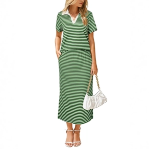 Women's summer two-piece green and white striped knit polo top and matching maxi skirt set