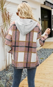 Rear view of a pink plaid hooded shacket with drop shoulders and a casual relaxed fit