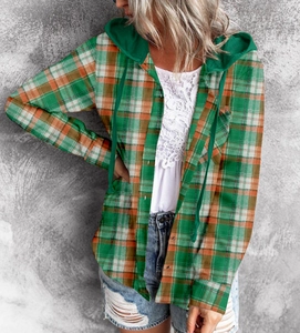 Detail of green and orange plaid hooded shirt with buttons and drawstring hood