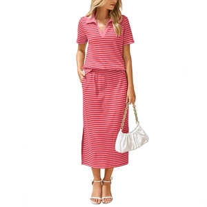 Women's pink and red striped two-piece casual set with polo top and midi skirt