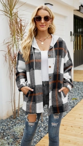 Detailed view of women plaid hooded jacket with grey drawstring and brown front buttons