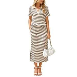 Women's casual 2-piece polo shirt and striped midi skirt set with side slit