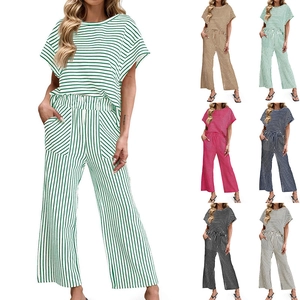 Donna Estate Casual a Righe Girocollo Manica Corta Top E Vita Alta Tasca Pantaloni a Gamba Larga Loungewear Streetwear