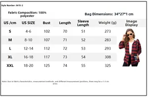 Size chart for women's hooded plaid shirt jacket with US sizes and detailed measurements