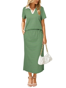 Women's green and white striped knit two-piece set with polo top and midi skirt