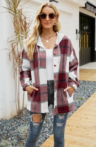 Detail of burgundy hooded plaid flannel shirt jacket with button-down front and hood
