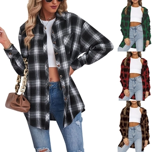 Chemise en Flanelle à Carreaux Décontractée pour Femmes Manches Longues Boutonné Revers Blouse Large Veste à Carreaux Top Streetwear