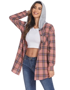 Detail of a women's hooded plaid shirt jacket with grey drawstring hood and pockets