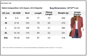 Detailed size chart for women's loose long sleeve cardigan with chest and length data