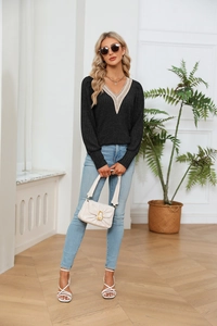 Détail du haut en maille noir avec col en V orné de dentelle beige et manches longues