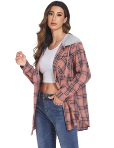 Detail of pink and purple plaid hooded shirt jacket with soft grey hood fabric