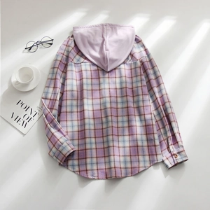 Women's plaid hooded shirt jacket with purple check pattern and casual drawstring hood