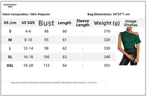 Size chart for women's one-shoulder sequin top including bust, length and weight details