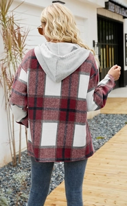 Back view of a hooded plaid shirt jacket in red and white checkered pattern