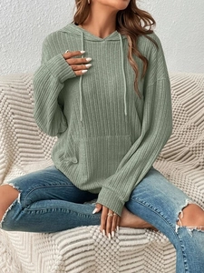 Sage green ribbed knit hoodie with kangaroo pocket and drawstring detail