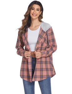 Detailed view of women's pink plaid hooded shirt jacket with grey drawstring hood
