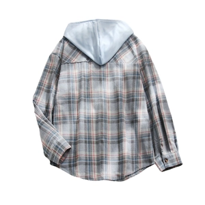Classic blue and grey plaid hooded shirt jacket with long sleeves and button cuffs