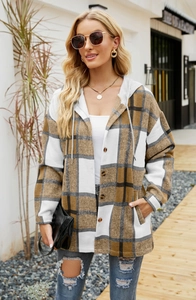 Close-up of women's plaid hooded shacket with large brown check pattern and gray drawstring