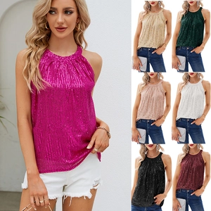 Haut Halter à Paillettes pour Femmes Sans Manches Brillant Scintillant Débardeur de Fête Clubwear Disco Gilet Mode