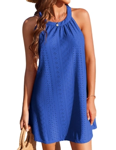 Detail of royal blue sleeveless crochet lace cover-up dress with eyelet embroidery