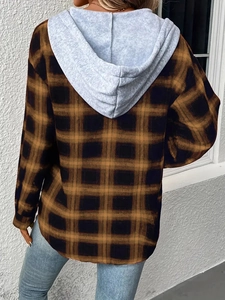 Rear view of brown plaid hooded jacket with grey hood and brushed fabric texture