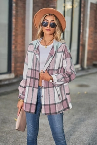 Pink and white plaid hooded shacket with button front and cozy brushed texture detail