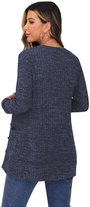 Detailed view of dark blue knit cardigan showing textured fabric and brown button accents