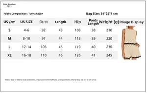 Size chart for women's two-piece rayon set including tank top and shorts with lace trim