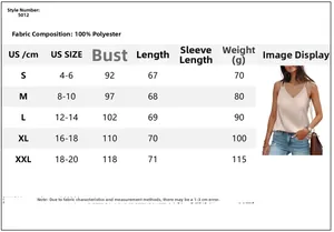 Size chart for V-neck camisole showing US sizes S-XXL and 100% polyester fabric details