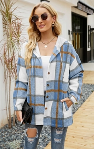 Detail of blue and white plaid hooded shacket with buttons and side pockets