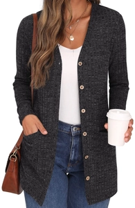 Detail of dark grey knit cardigan showing wooden buttons and textured pocket fabric