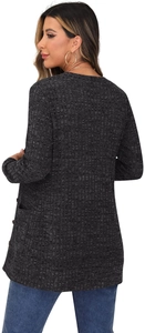 Detail of dark grey knit cardigan showing waffle texture, side pockets and buttons