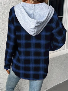 Rear view of a casual blue and black plaid hooded shirt jacket with a curved hemline
