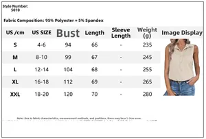 Size chart for women's casual buttoned sleeveless top with detailed fabric measurements
