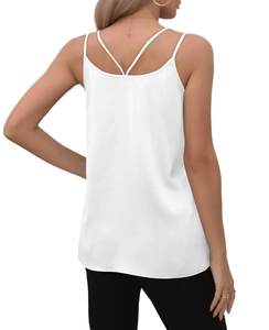 Rear view of white V-neck camisole featuring stylish cross back spaghetti straps