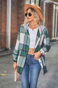 Close-up of women's long sleeve hooded plaid shacket jacket with grey drawstring hood