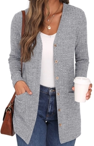 Close-up of grey long-sleeve knit cardigan featuring vertical texture and brown buttons