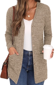 Detail of waffle-knit texture and button pocket on taupe long-sleeved cardigan